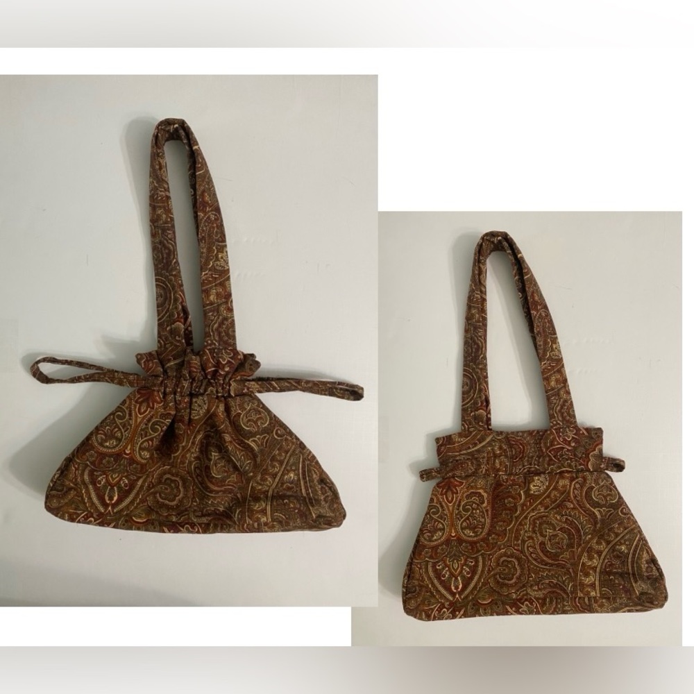 Vintage Drawstring Tapestry Handmade Bucket Shoulder bag Brown Paisley Fall